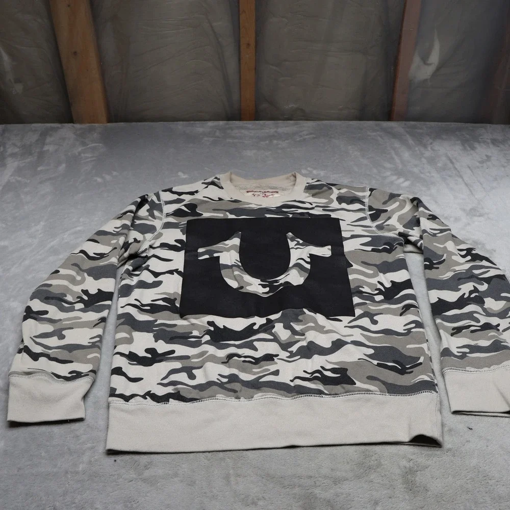 True Religion Sweatshirt Mens Medium White Camo‎ Graphic Crewneck Pullover READ